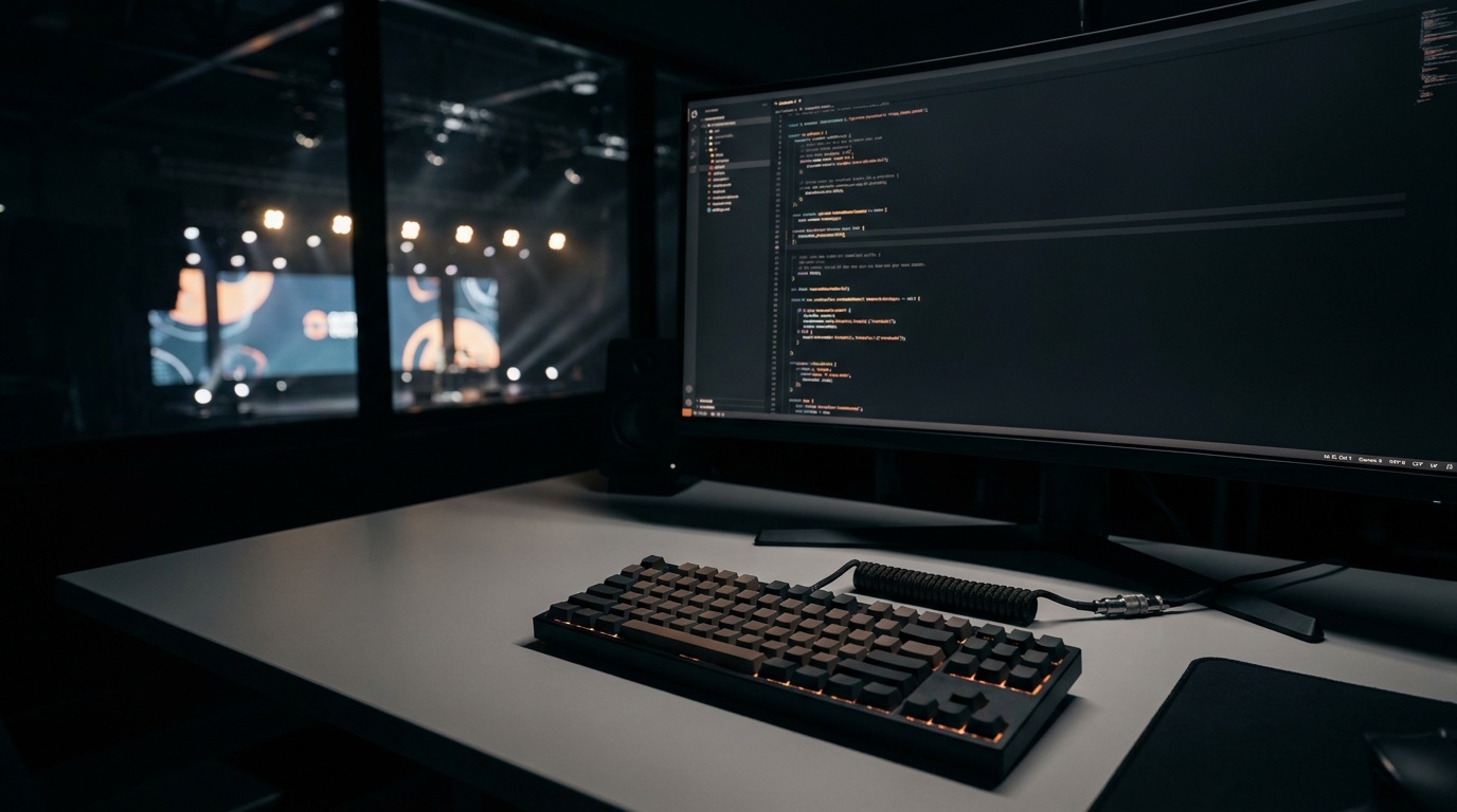 Modern dark coding workspace with AI terminal prompts, real-time ticketing analytics, and glowing code windows
