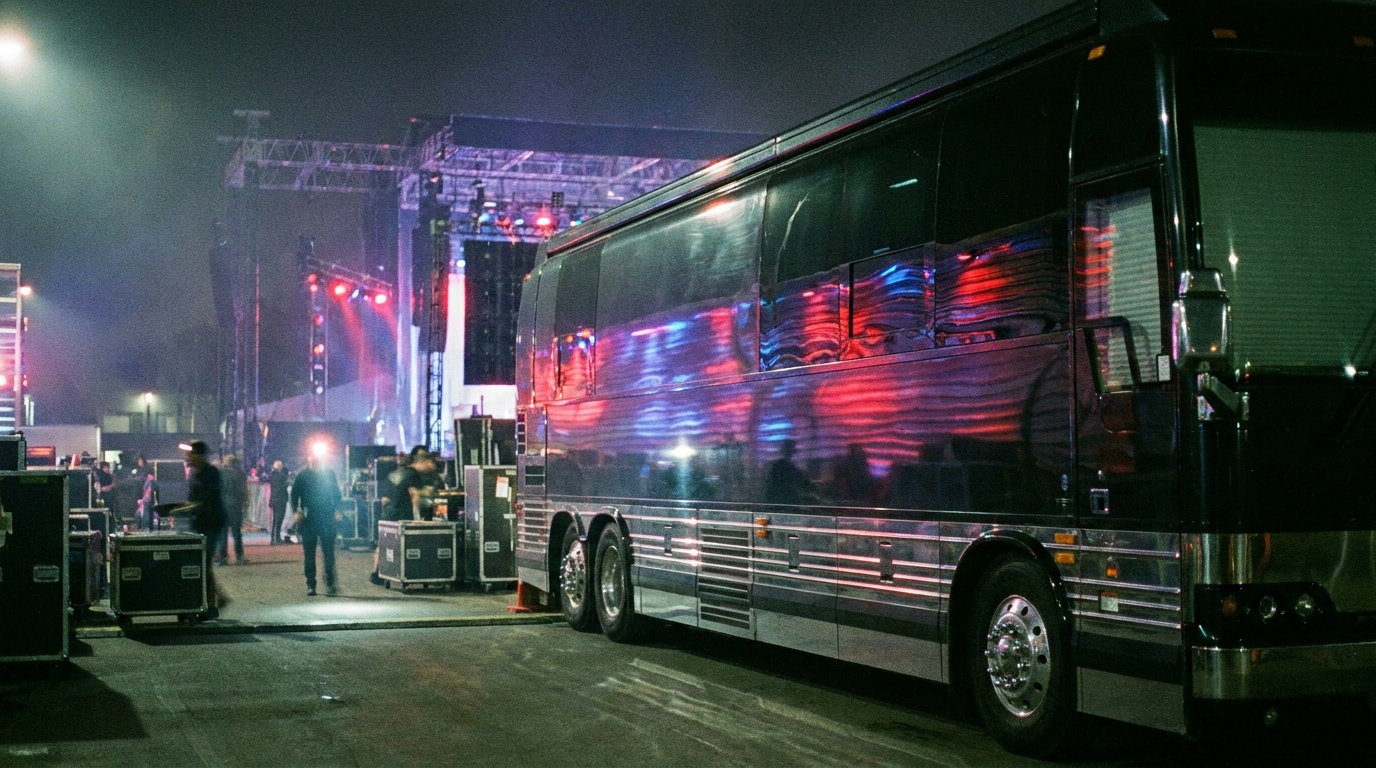Tour bus and concert stage lighting rig with digital UK routing map overlay