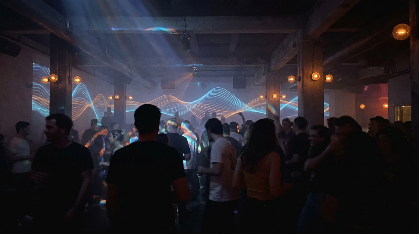 Illuminated nightclub interior with subtle digital overlay indicating wireless connectivity and data capture