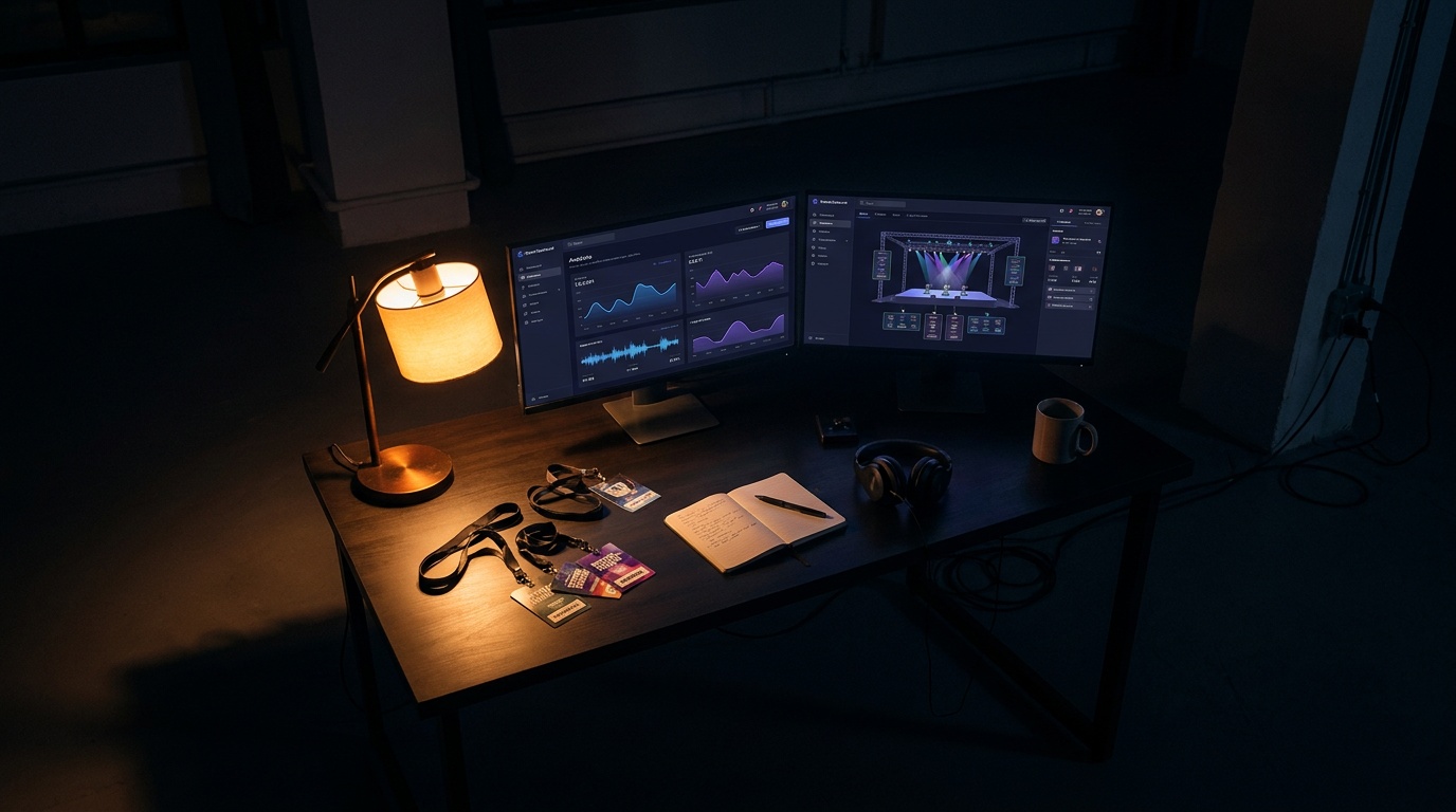 Promoter studio desk with multi-screen ad analytics, ticket manifests, and dark interface graphs