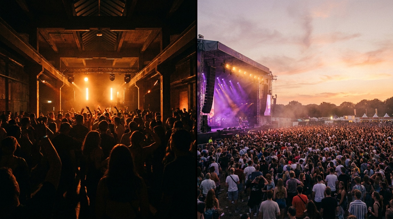 Split cinematic visual of a dark strobe-lit nightclub interior transitioning to an expansive open-air festival stage