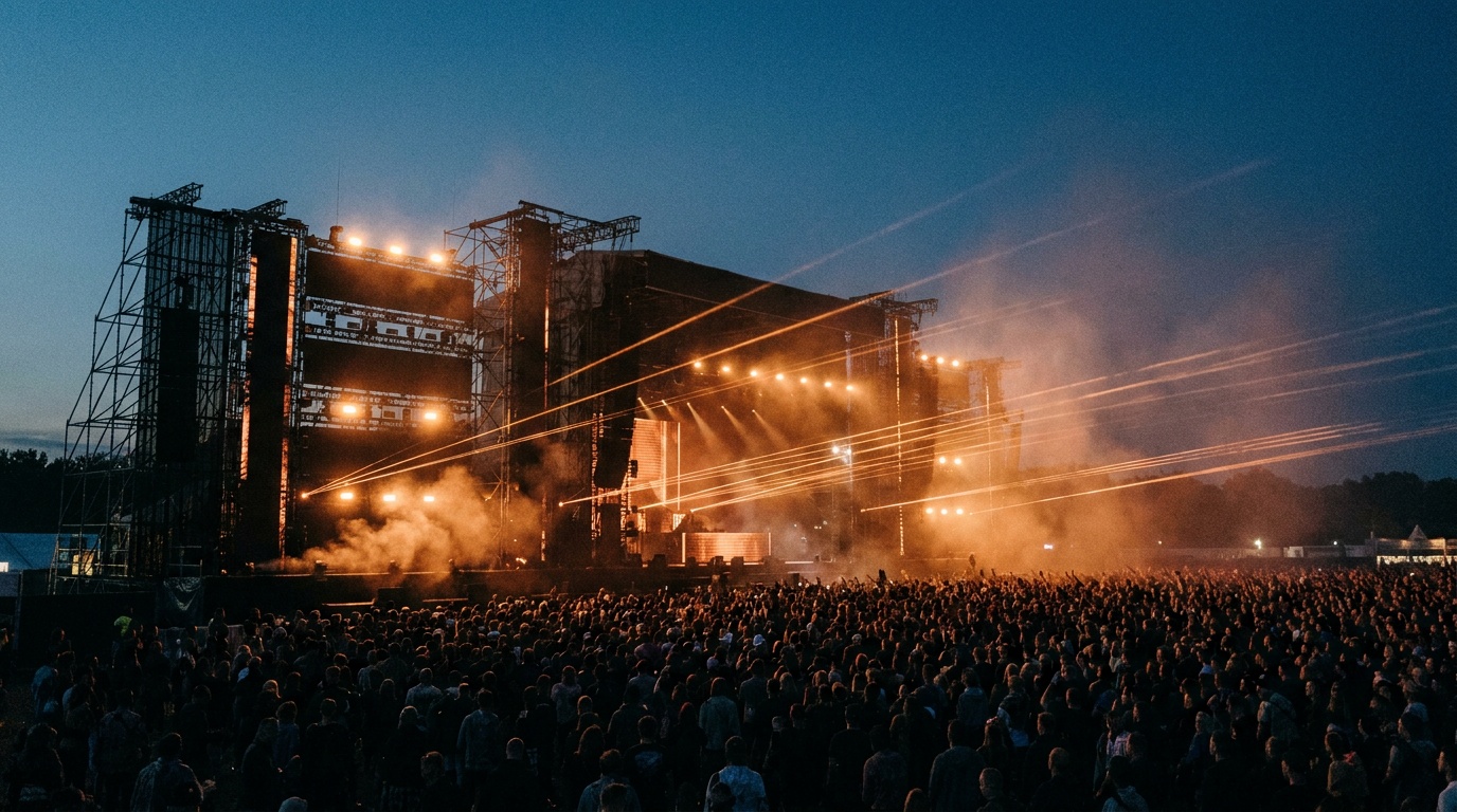 Atmospheric festival stage with laser lighting cutting through haze at twilight