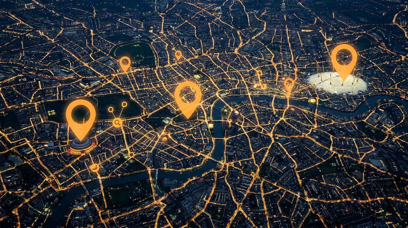 Modern city nightlife map with glowing local venue search markers and digital navigation points
