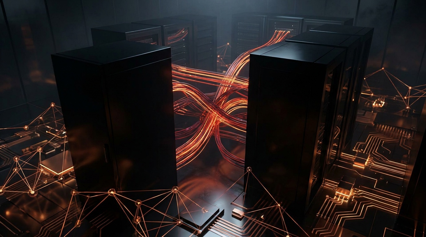 Abstract dark digital server infrastructure with glowing orange and cyan data streams