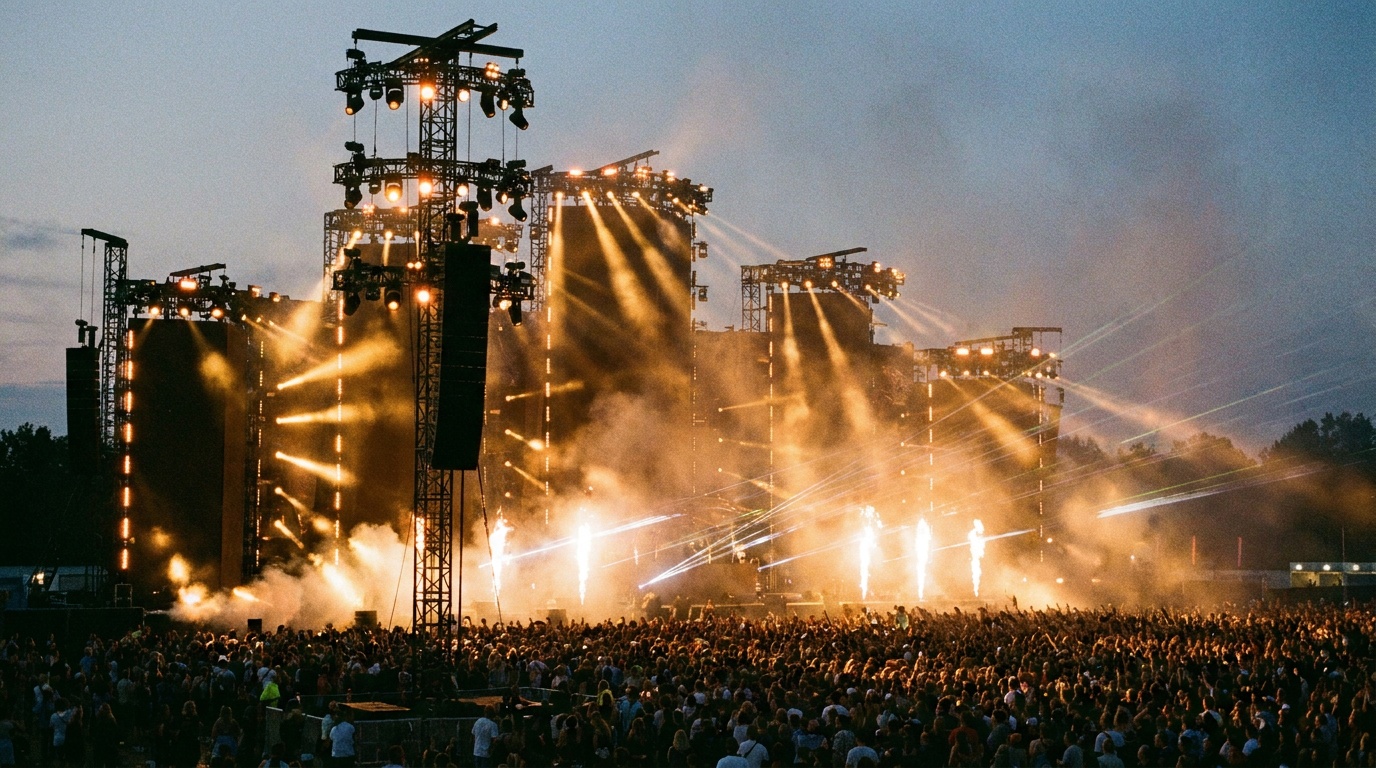 Expansive festival mainstage under twilight sky with illuminated stage structures and multi-wave graphics