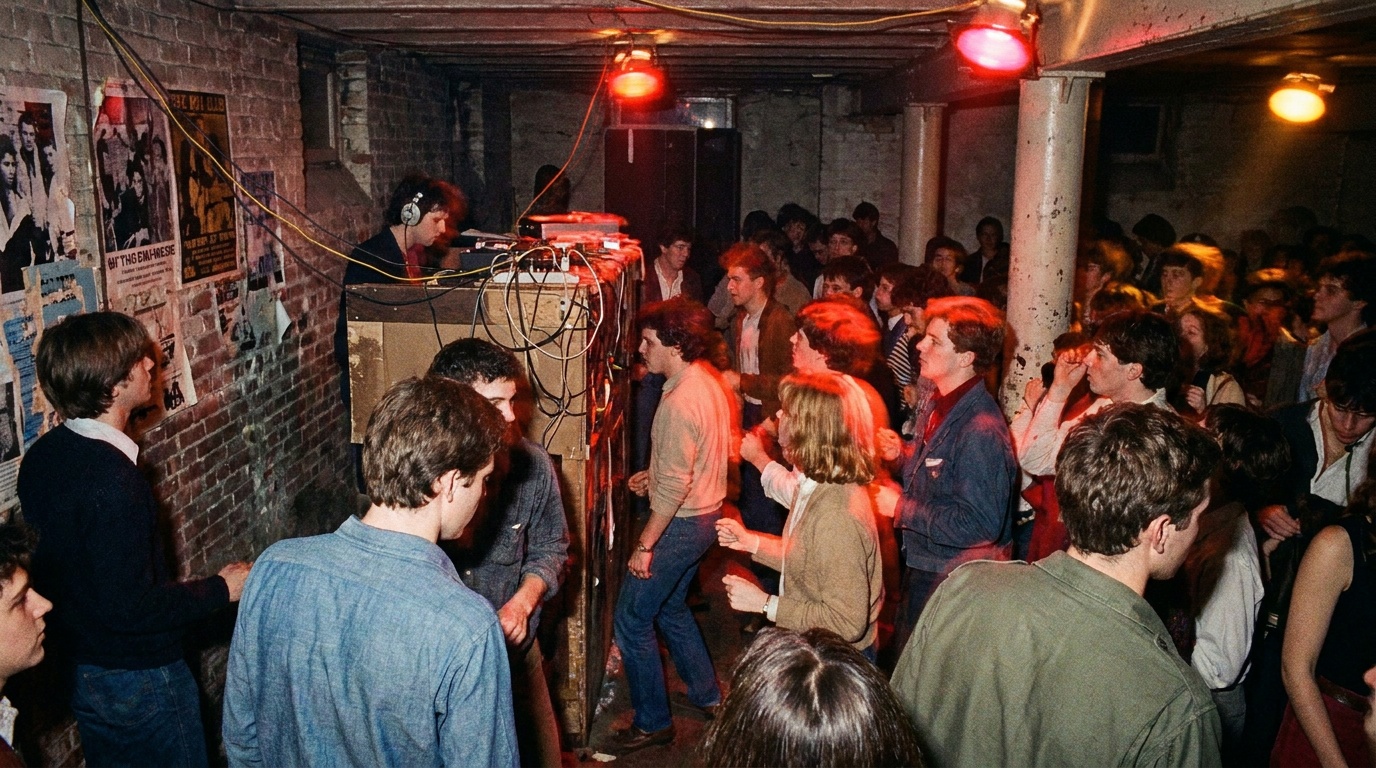 Energetic underground club night with strobe lights and intimate crowd dancing