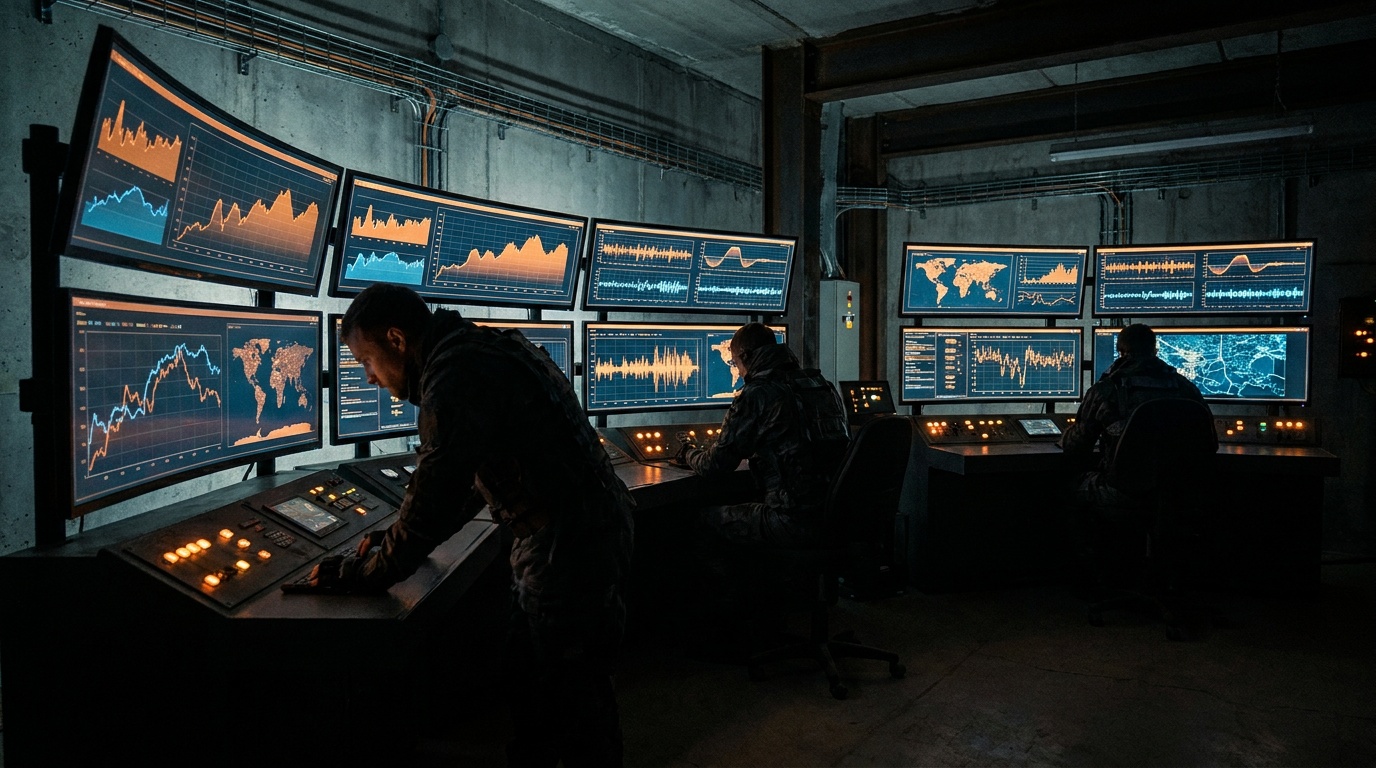 Dark command center with live campaign analytics and urgent diagnostic checklist graphs