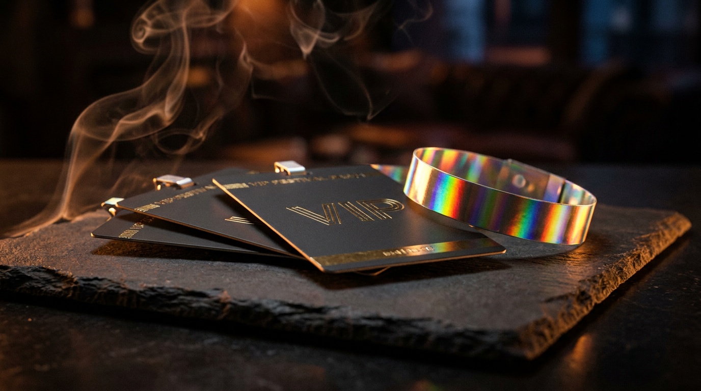 Luxury metallic holographic VIP passes and festival wristbands resting on a dark slate surface with warm rim lighting