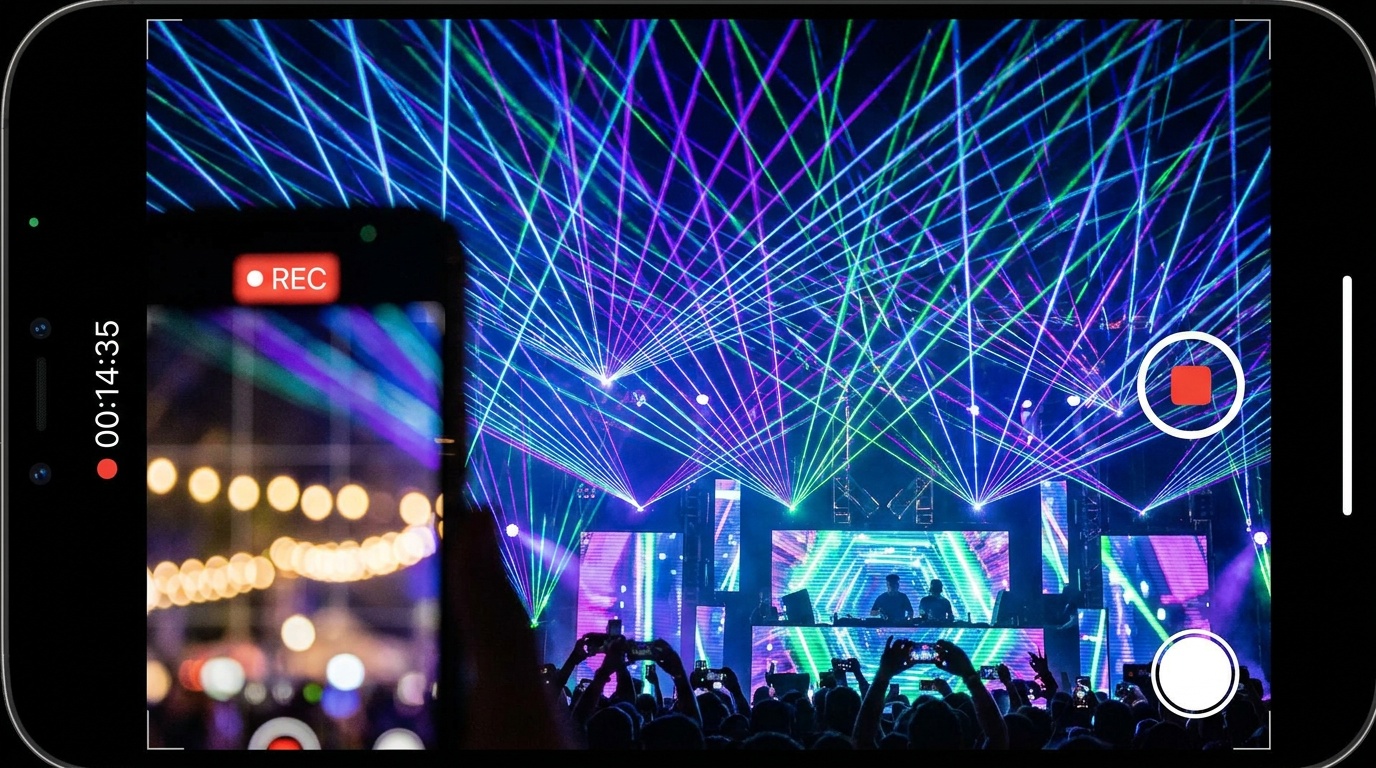 Smartphone recording vertical live festival crowd footage with vibrant nightlife lighting
