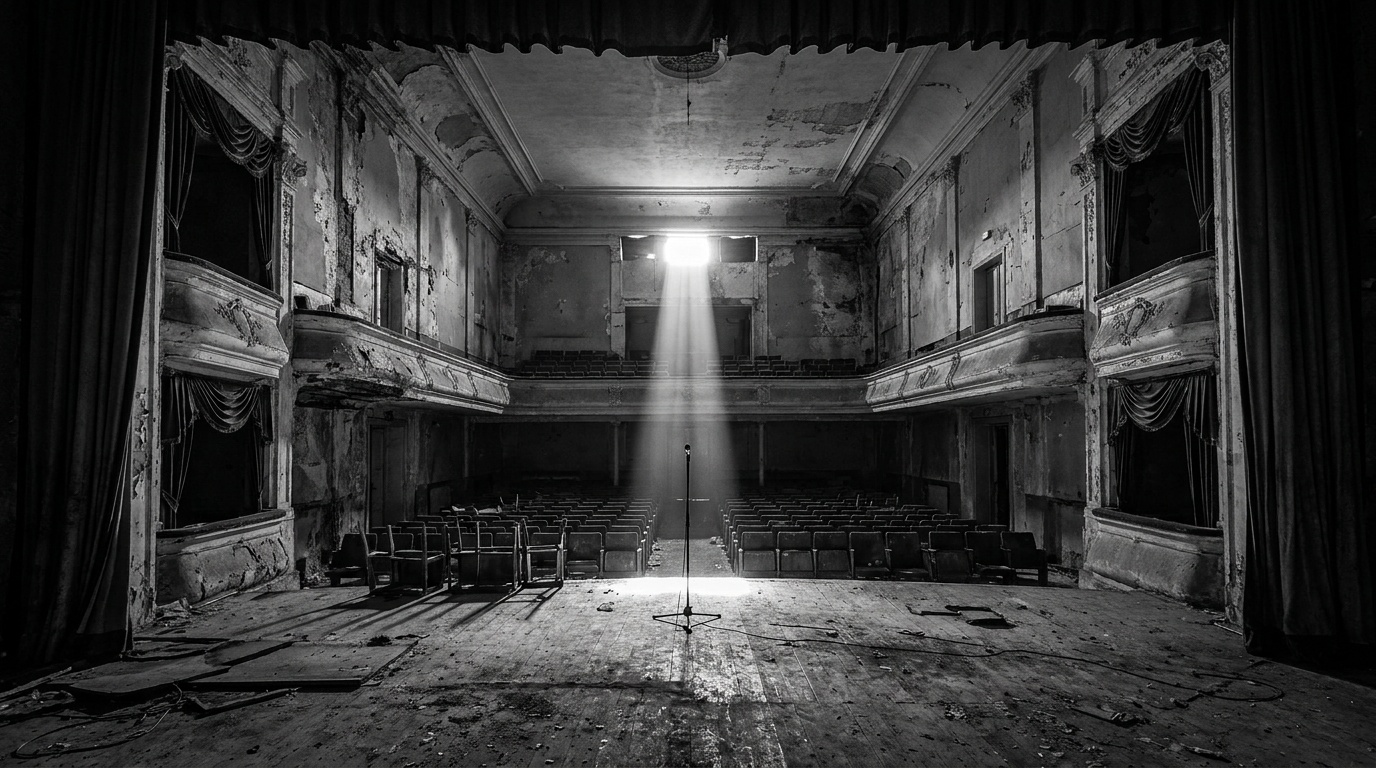 Moody black and white concert hall lighting with dramatic shadows and empty stage