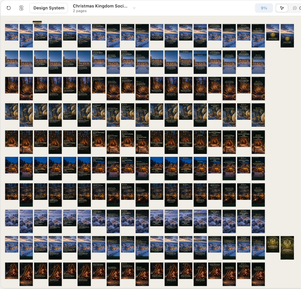 Claude Design file with the full Christmas Kingdom ad grid